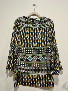Issa London 100% Silk Retro Geometric Bell Sleeve Mini Dress S